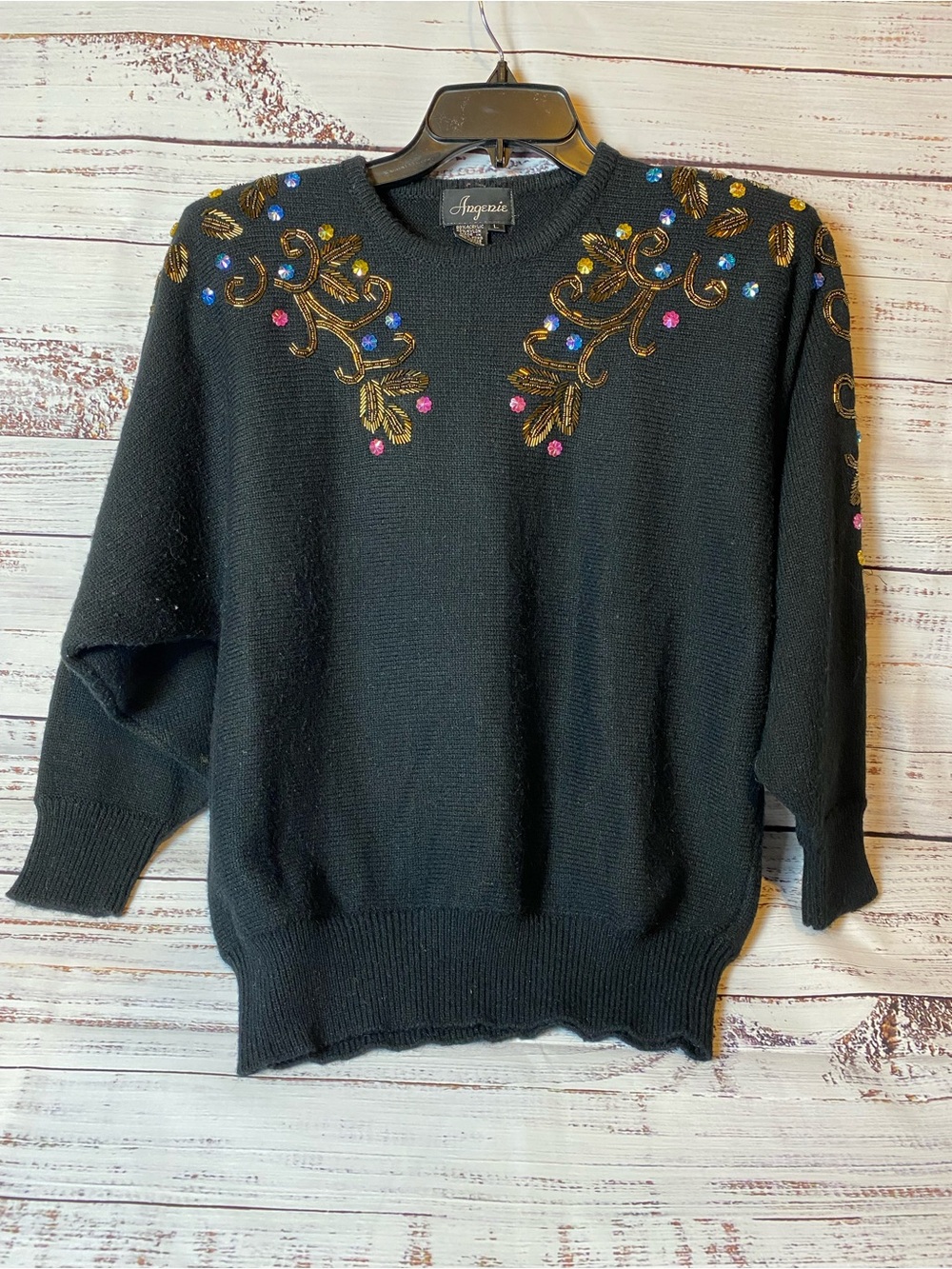 Angenie Black Embellished Crewneck Sweater Sz-L